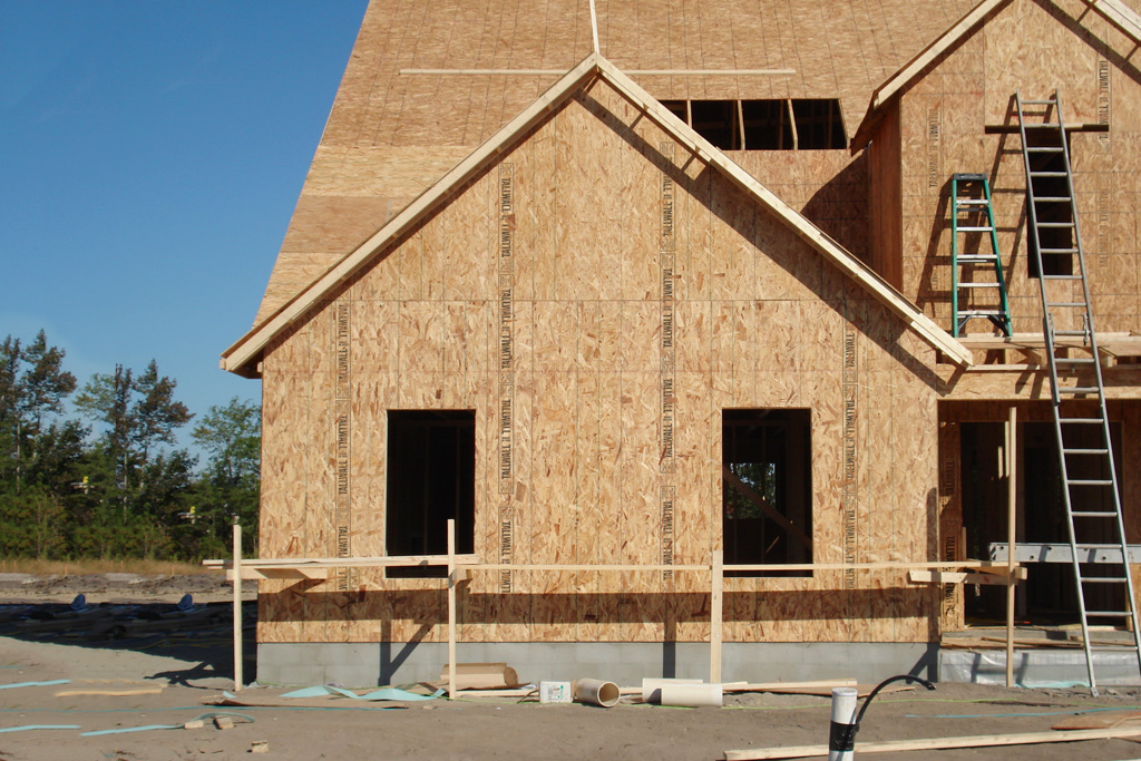 OSB sheathing on a wood-frame home under construction